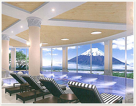 真正面の富士山をとらえる、室内温水プール